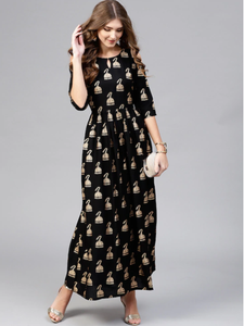 Women Black & Golden Block Print Maxi Dress